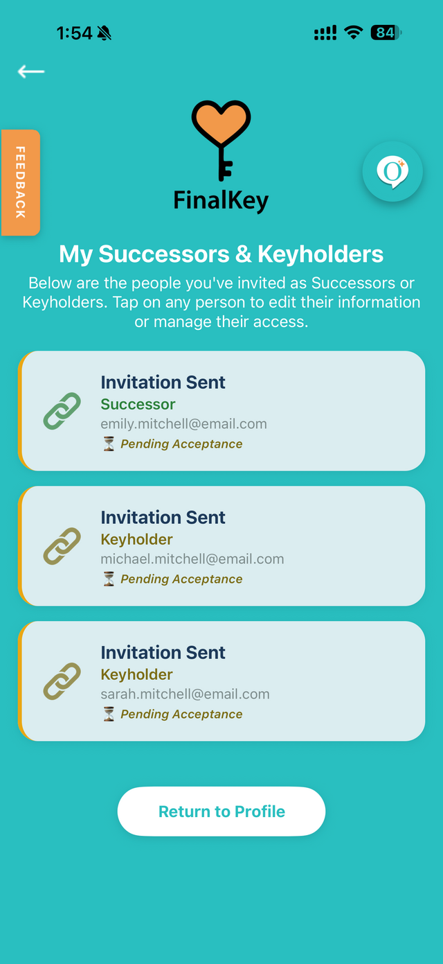 FinalKey screen listing invited Successors and Keyholders