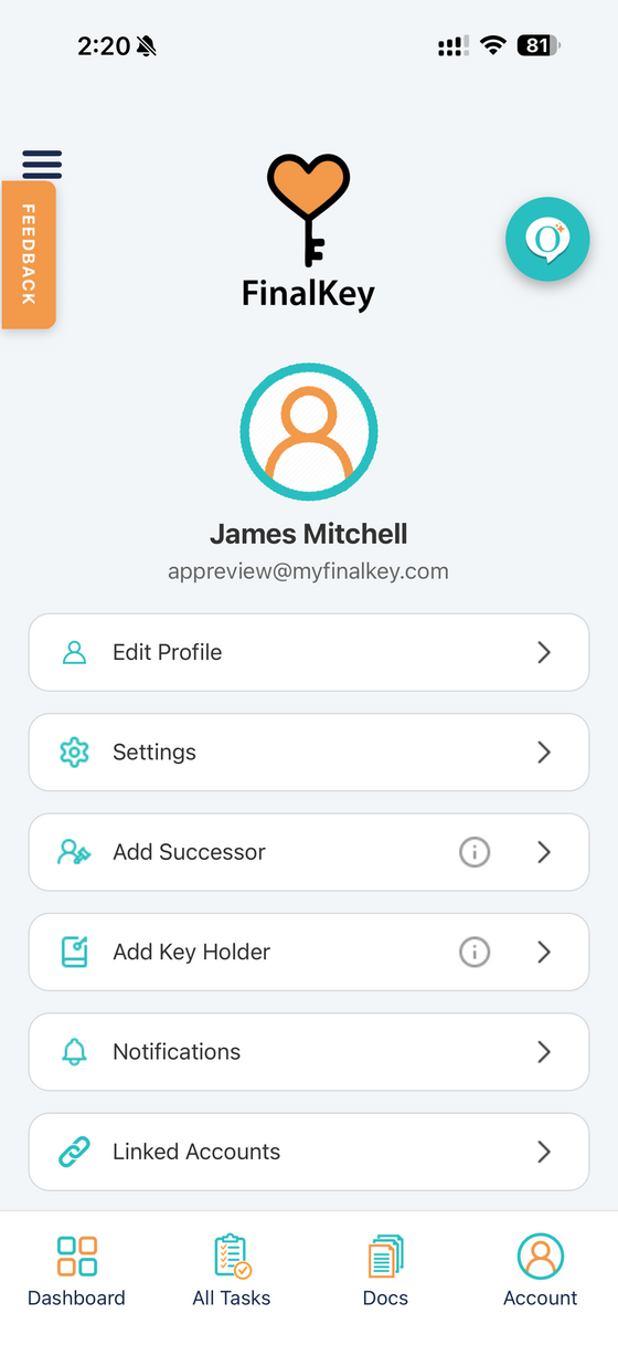 FinalKey profile screen with the Settings option highlighted
