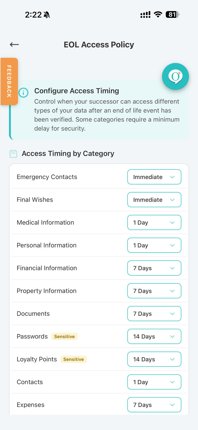 FinalKey access policy screen showing when each category of information is released